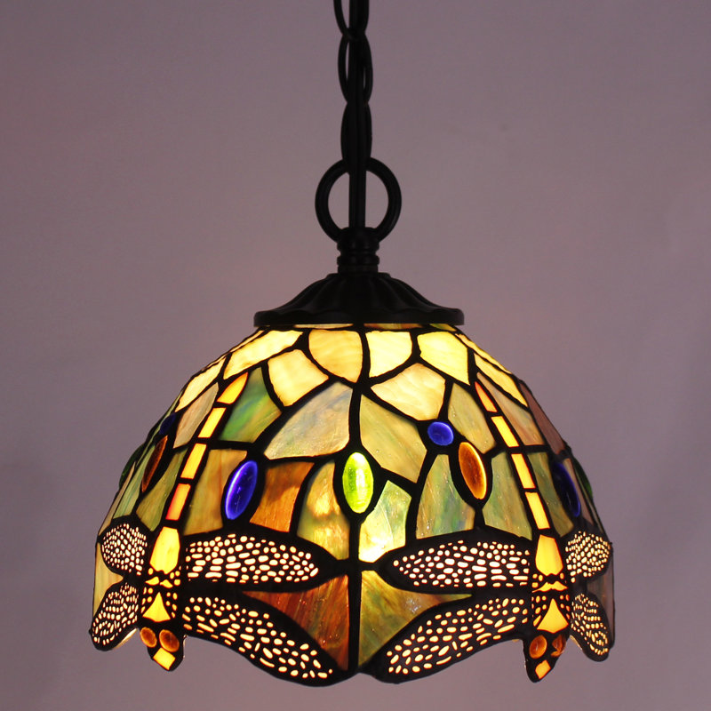 Small Tiffany Pendant Light Plug in Dragonflly Style Stained Glass Hanging Lamp, Brown Dragonflly