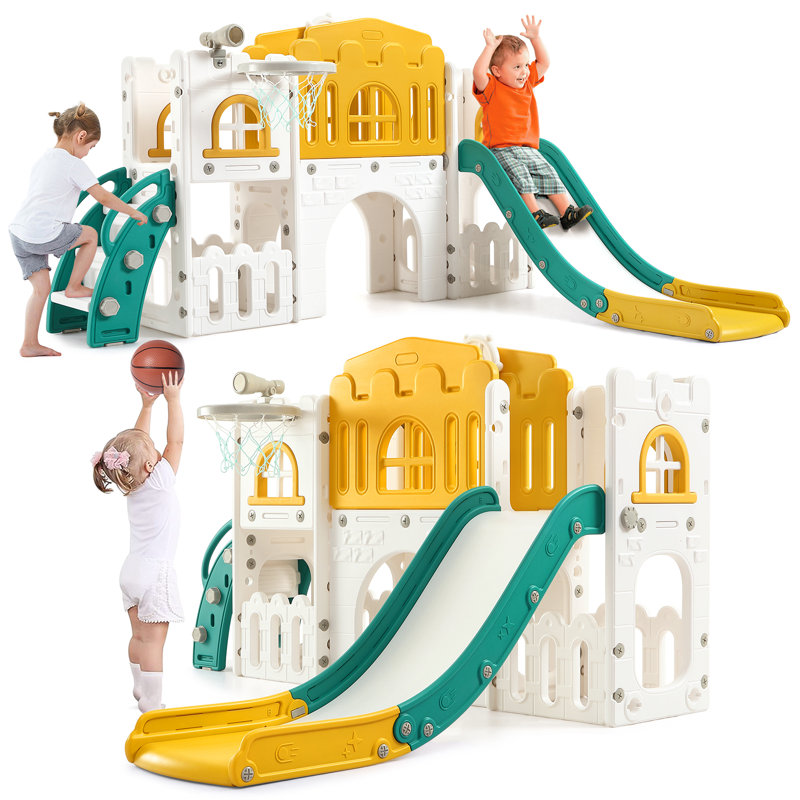 8-in-1 Green and Yellow HDPE Indoor Toddler Playground with Slide