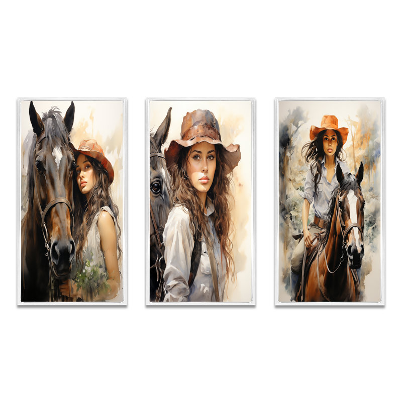 «Cowgirl And Horse Bond», 3 pièces, Cadre blanc, H 20 po x l 36 po
