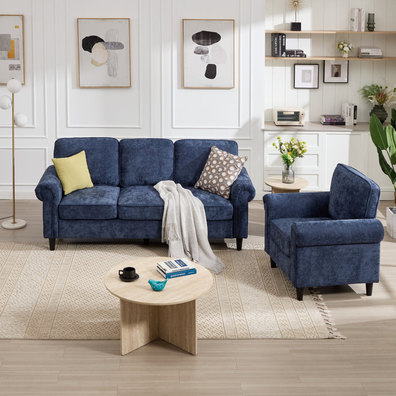 Ensemble de salon 2 pièces avec canapé rembourré et fauteuil, Bleu