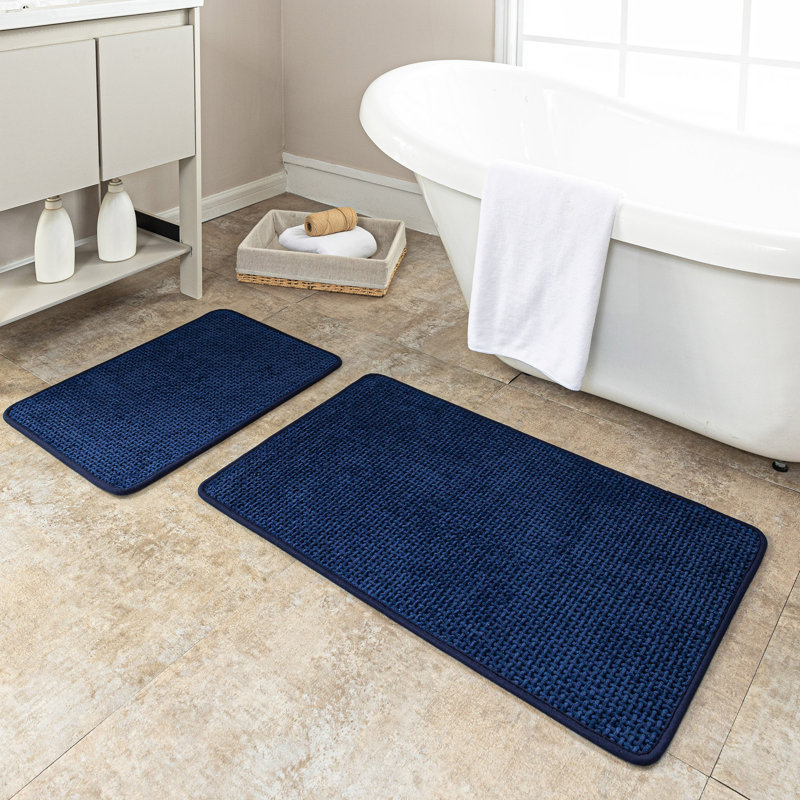 Ultra Thin Chenille Weave Non Slip Bathroom Rug Set, Set of 2 - 32" L x 20" W, 24" L x 16" W, Navy