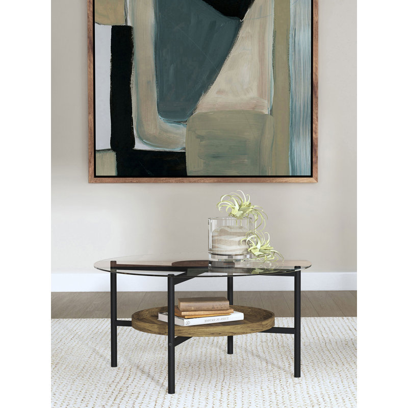 Table basse ronde avec plateau en verre noir et brun