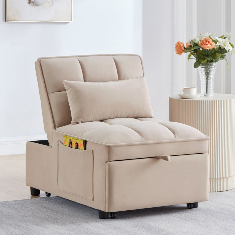 Tufted Single Pull-Out Sofa Bed with Adjustable Backrest And Pillows, Convertible Chaise Lounge, Taupe
