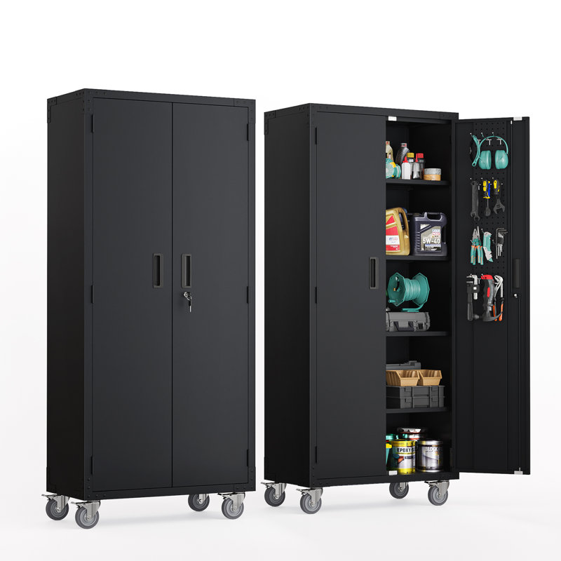 Armoire de rangement en acier pour outils avec roulettes et plaque à trous, Noir