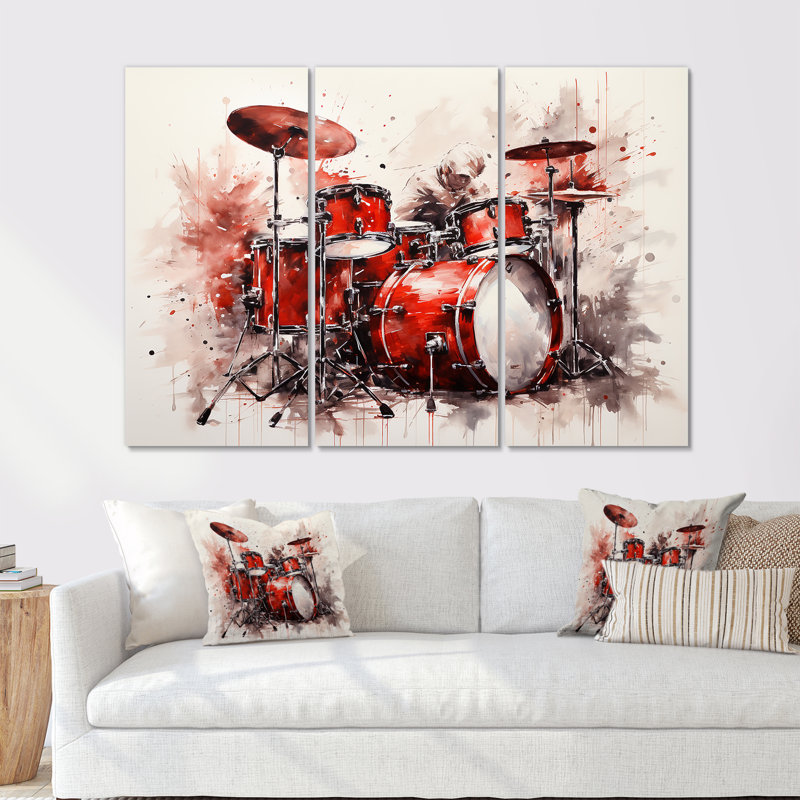 Music Drums Pulse Deep Red - ensemble d'art mural sur toile, H 28 po x l 36 po x P 1 po