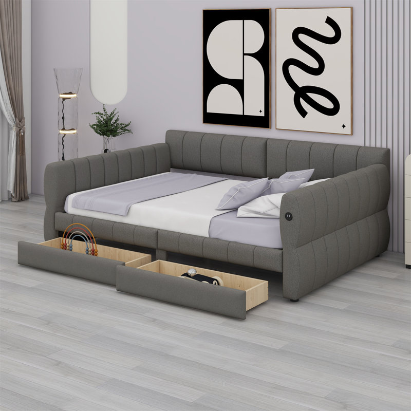 Lit plateforme tapissier avec port USB et 2 tiroirs, Gris