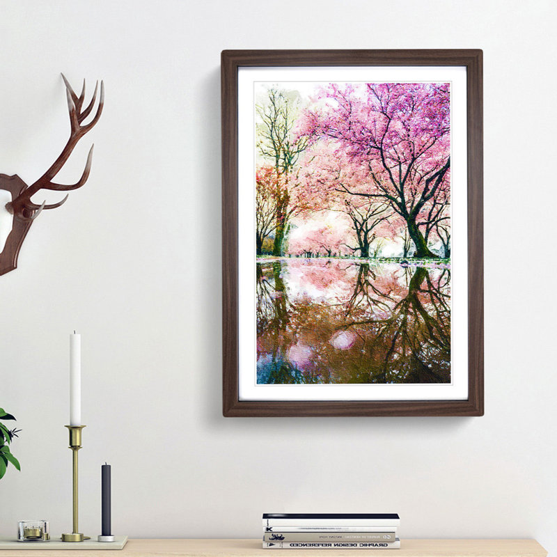 Reflection of the Pink Blossom Trees - Picture Frame Painting Print, Walnut Framed, 48cm H x 36cm W x 2cm D