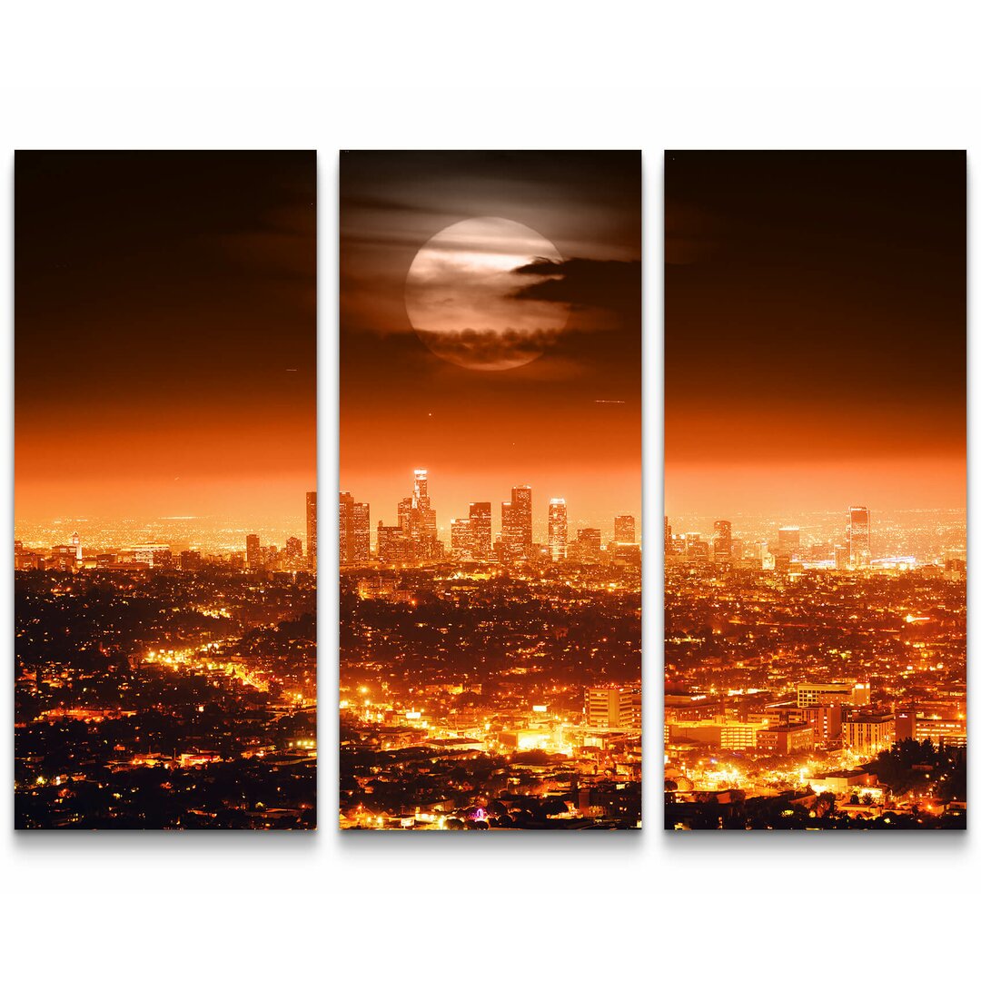 3-tlg. Leinwandbilder-Set Skyline von Los Angeles bei Vollmond