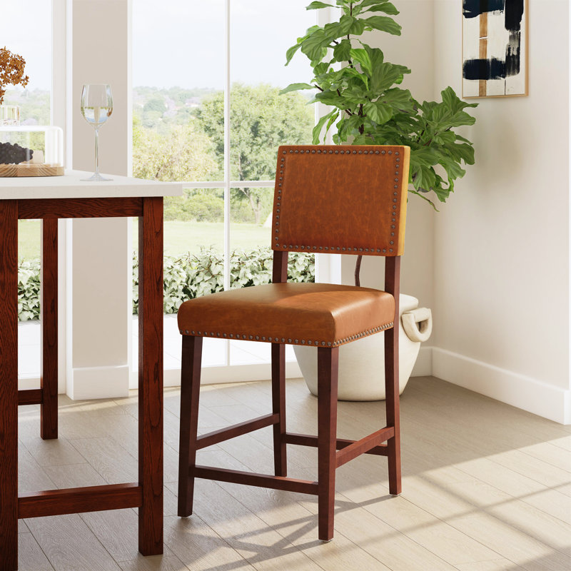 Husno Faux Leather Upholstered Solid Wood Counter & Bar Stool, Caramel, Counter Stool (24" Seat Height)