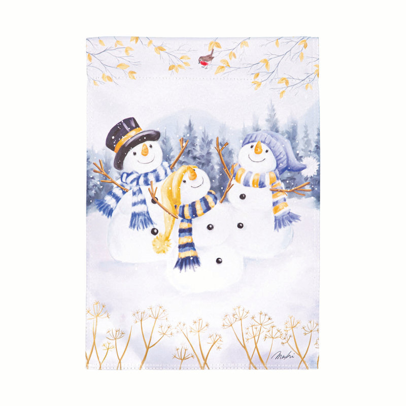 Trio de joyeux bonhommes de neige avec drapeau de jardin