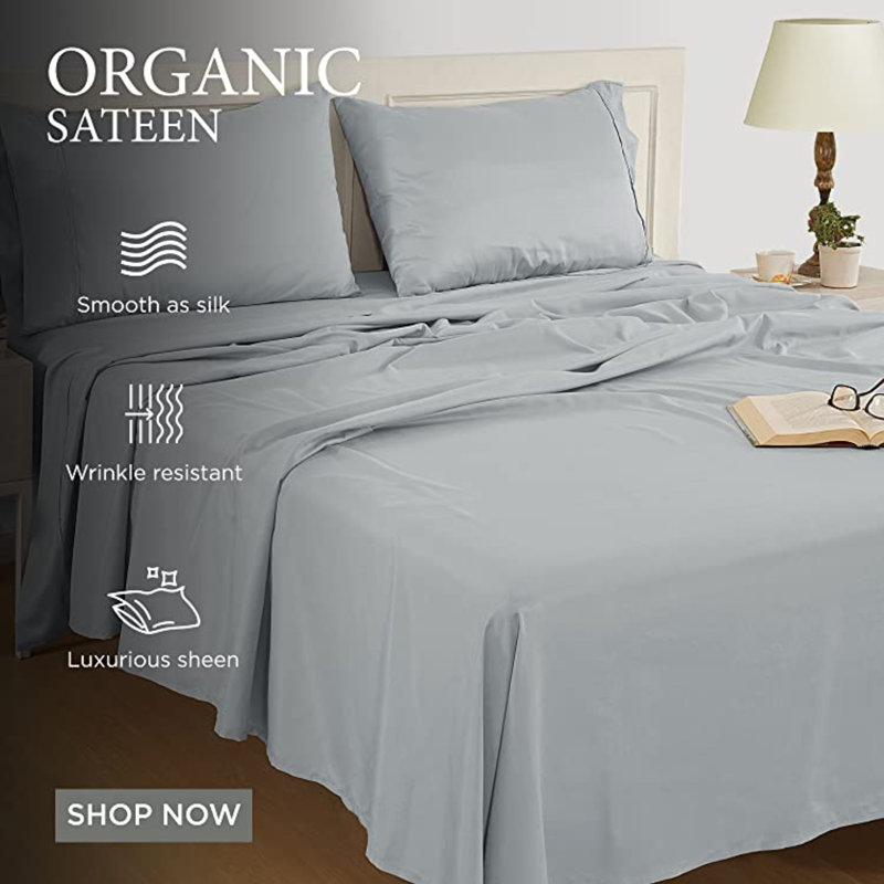 Ensemble de draps en 100 % percale de coton à densité de tissage de 300 fils, Bleu foncé, Drap-housse de taille double