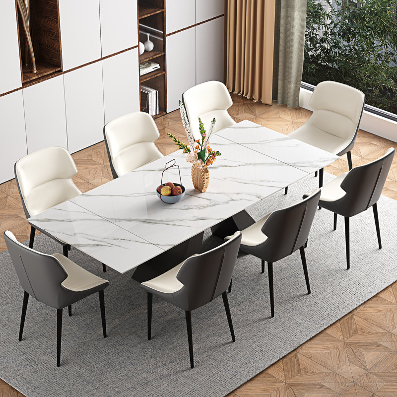 Ensemble de table de salle à manger 9 pièces avec table de salle à manger extensible en pierre frittée de 63 à 94,5 po et 8 chaises à oreilles en similicuir
