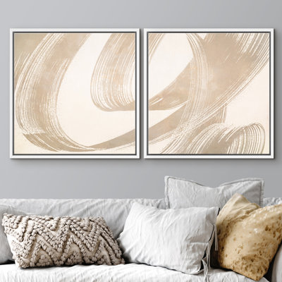 Beige Brushstroke Curved Lines Minimal Modern Neutral Wall Decor Framed Master Bedroom Wall Art Work 2 Pieces Print