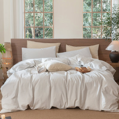 MooMee Striped Duvet Cover Set 100% Washed Cotton Linen Like Textured