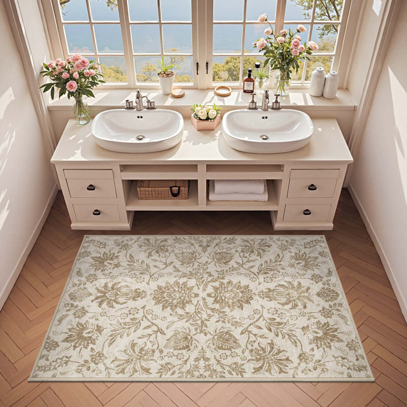 Geometric Floral Washable Non-Slip Area Rug, Timeless Taupe, 3'x 5'