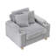 Grey corduroy single sofa with one pillow, two throw pillows, a footstool and two storage Spaces.