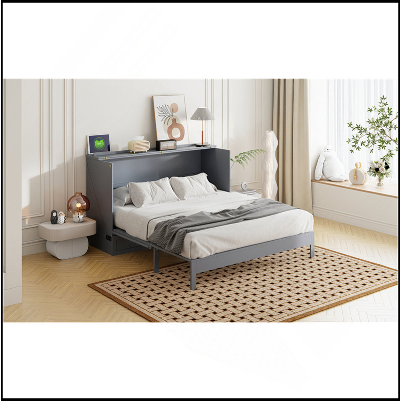 Lit escamotable avec grands tiroirs Murphy, Gris, Grand lit