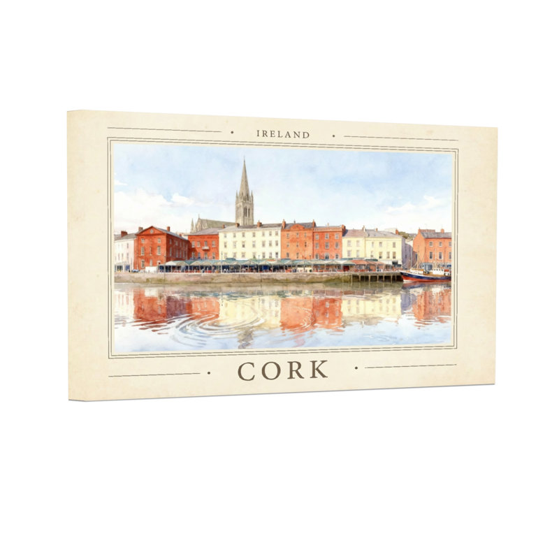 Scénique et paysages urbains, Cork, Irlande, aquarelle, paysage urbain, réflexion, rivière, bâtiments, église