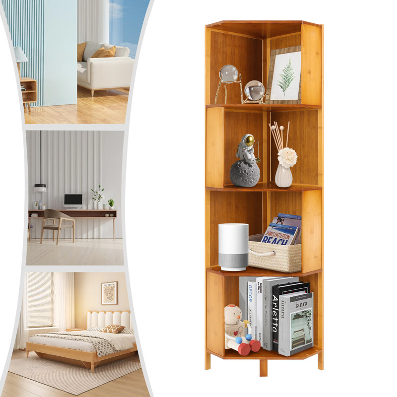 54" H 4-Tier Bamboo Corner Bookshelf, 12.60" W x 12.60" D Freestanding Storage Organizer Rack