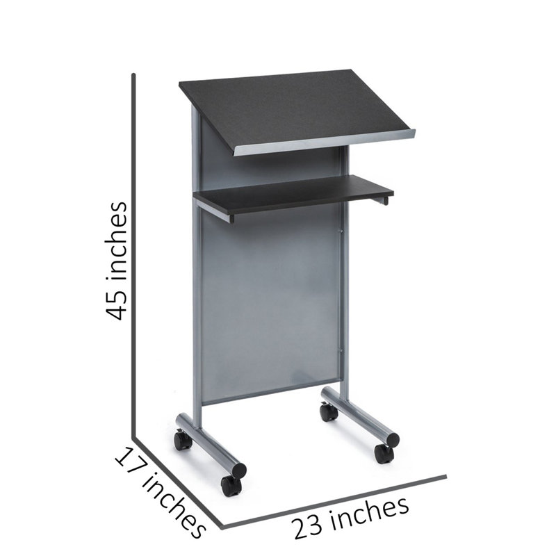 Black and Silver Metal Wheeled Lectern with Storage Shelves