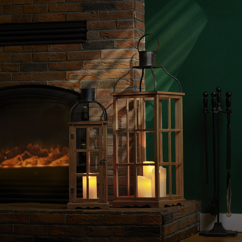 Lanterne de table en bois et métal, Naturel/noir, H 35,50 po