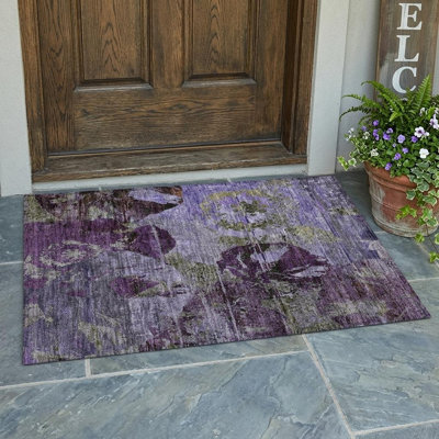 Tapis extérieur lavable et antidérapant à motif floral mauve et vert 2 pi x 3 pi