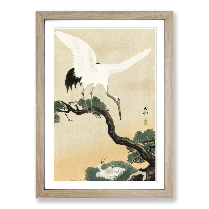 Japanese Crane Birds by Ohara Koson - Picture Frame Art Print on MDF, Oak Framed, 48cm H x 36cm W x 2cm D