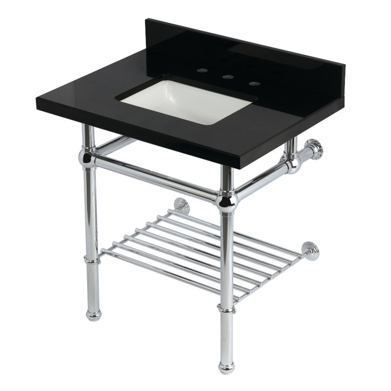 Kingston Brass Templeton 30-Inch Black Granite Console Sink with Brass Legs and Shelf (8-Inch, 3-Hole)