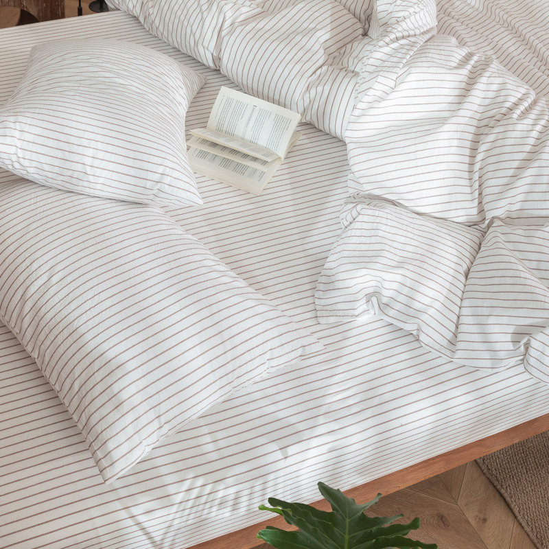 MooMee Striped Duvet Cover Set 100% Washed Cotton Linen Like Textured, King Duvet Cover + 2 King Pillowcases