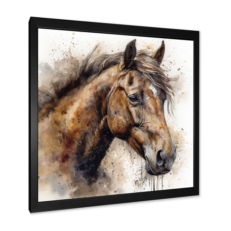 «Brown Watercolor Horse Portrait», reproduction d'art sur toile, Cadre photo noir, H 16 po x l 16 po x P 1 po