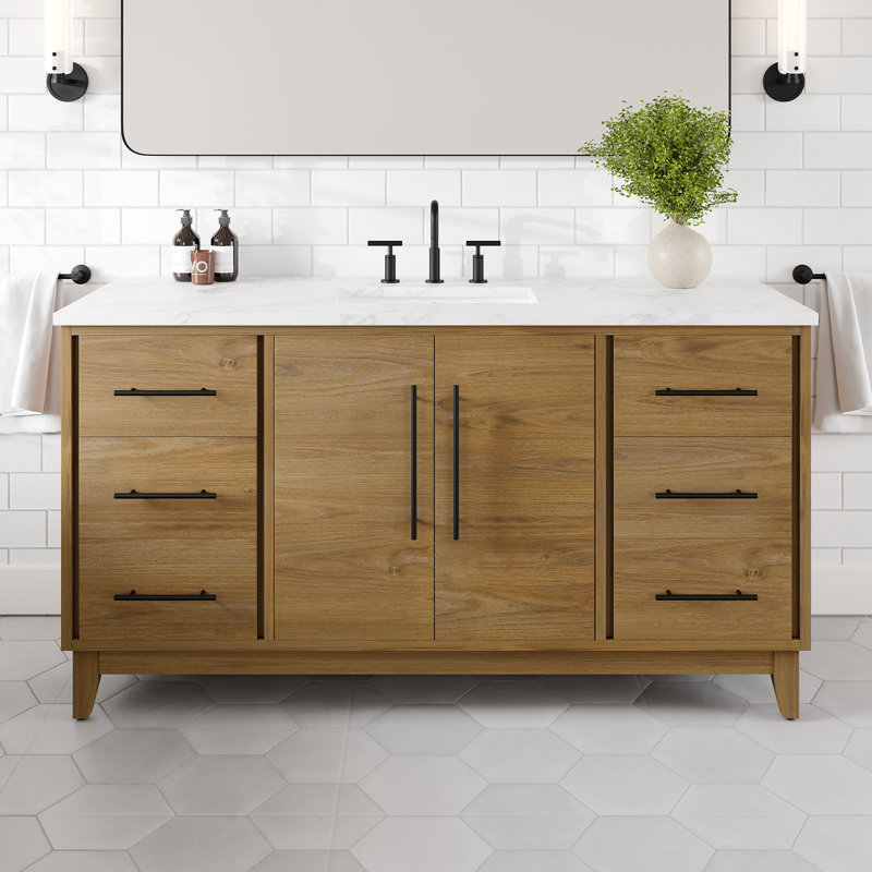 Burtch 60"W X 22"D Oak Bathroom Vanity With White Arabescato Engineered Stone Countertop And Undermount Ceramic Sink