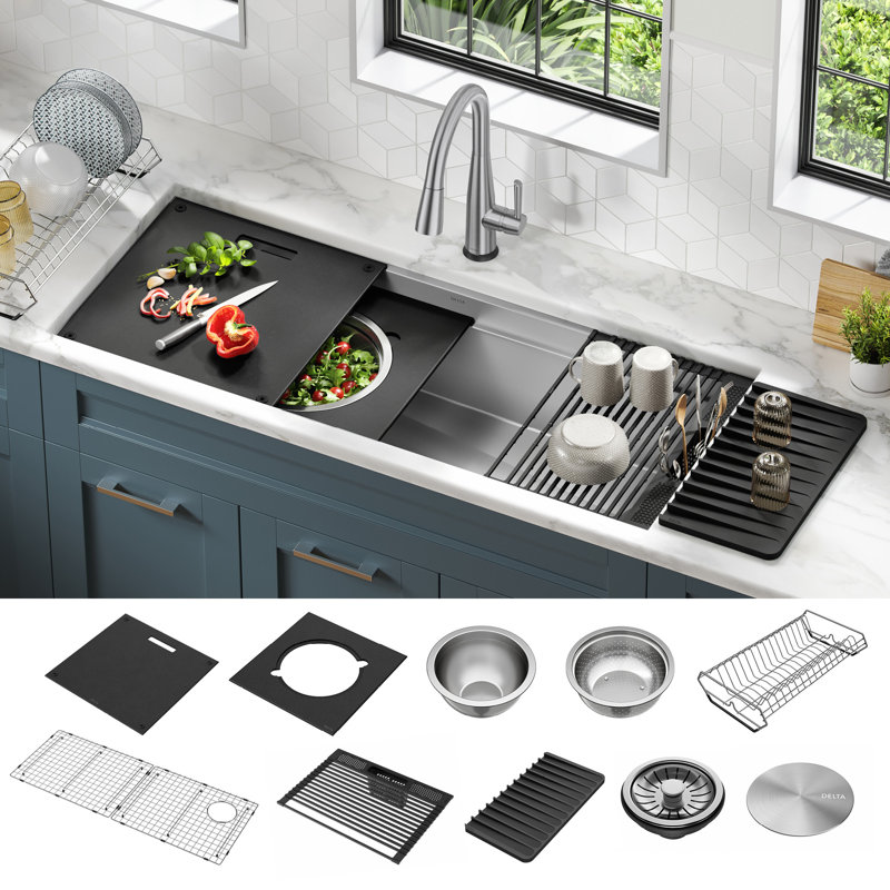 Évier de cuisine à simple cuve en acier inoxydable de calibre 16 avec rebord WorkFlow ™ à 2 niveaux Delta Rivet ™