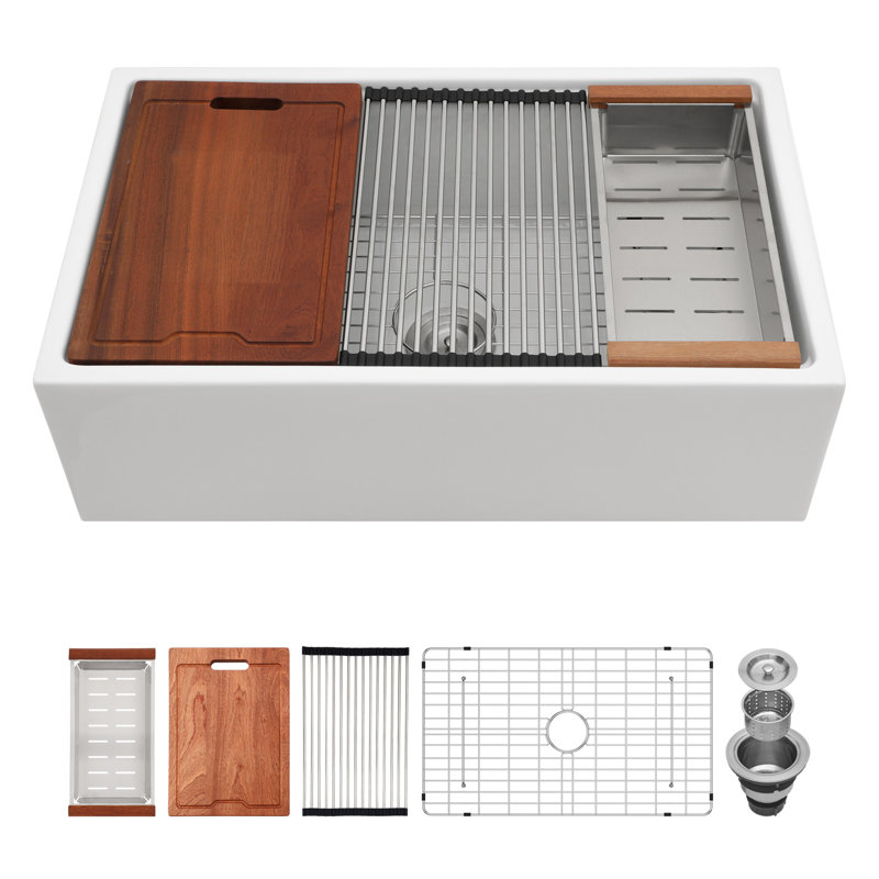 Évier de cuisine en céramique blanche à simple cuve 30 x 20 - poste de travail. Matériau. Égratignure et décoloration. Spacieux et fonctionnel. Complet avec accessoires Station de travail 30 po 20 po x 10 po. Tendance.