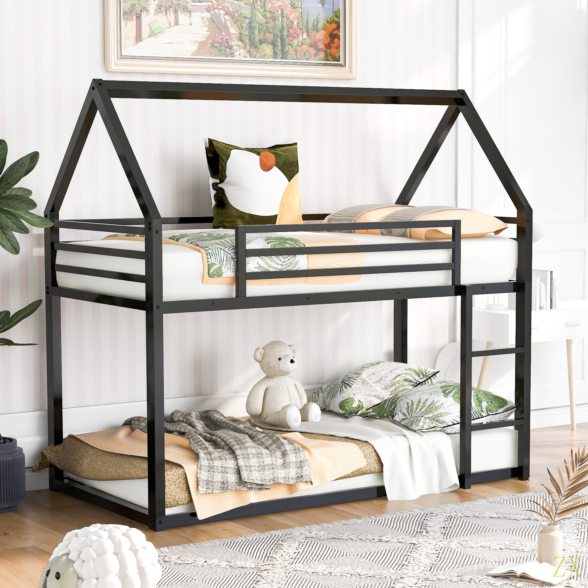 Harper Orchard Twin Over Twin House Bunk Bed With Built-In Ladder ...