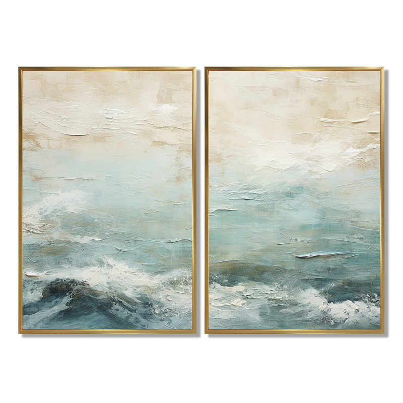 «Modern Coastal Beige and Blue River I», art mural sur toile de bord de mer côtier moderne, H 36 po x l 48 po, Doré