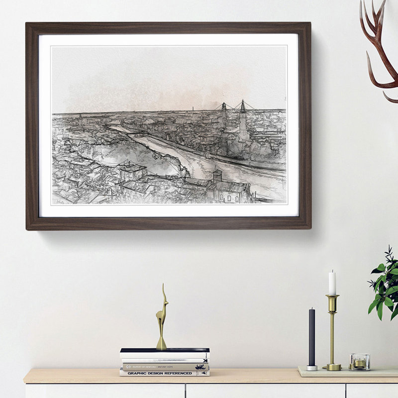 Skyline of Verona Italy in Abstract - Picture Frame Graphic Art Print, 27cm H x 36cm W x 2cm D, Walnut Framed