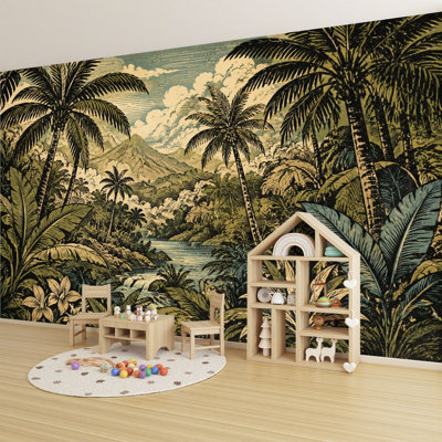 Peel and Stick Wallpaper Vintage Tropical Jungle Palm Trees Mountains River Wall Murals 100"H x 144"W Removable PVC Wall Paper Self-Adhesive Wall Decor for Bedroom Living Room Home Office