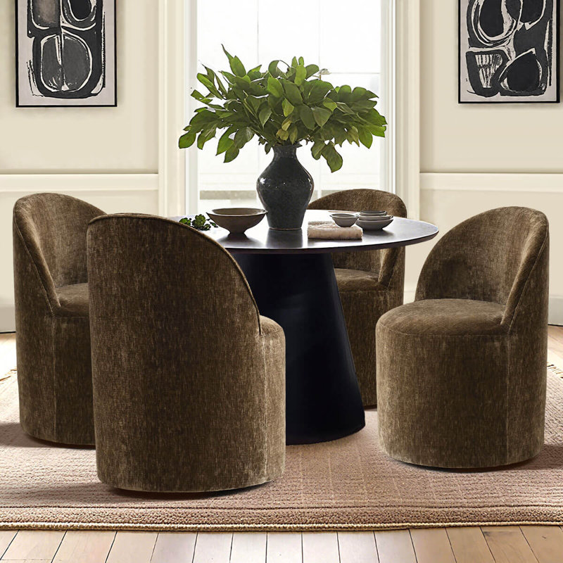 Chenille Upholstered Swivel Dining Chair With Hidden Casters, Brown
