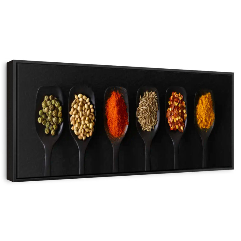 Spoons Of Dried Spices, Floating Frame Black, 28" X 10"