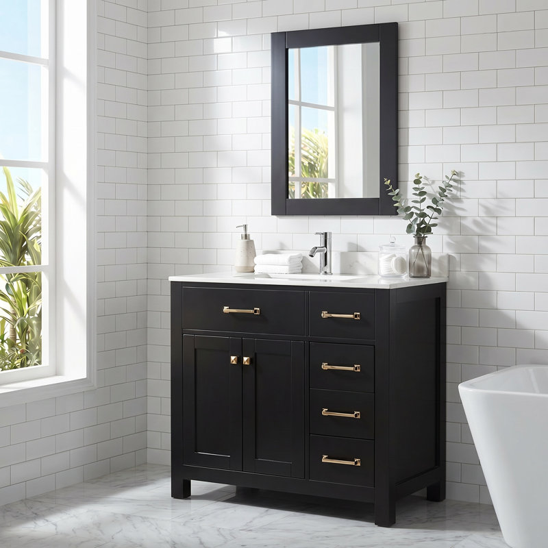36" Single Bathroom Vanity Set with Sink Top and Mirror, Soft-Close Doors, Black