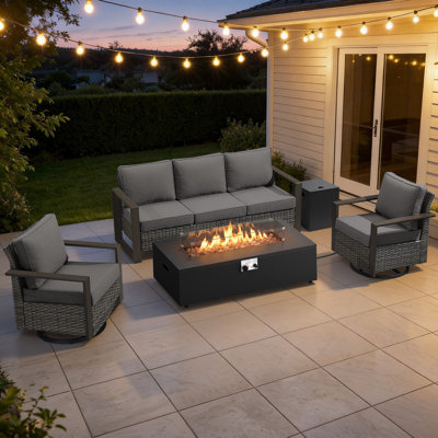 Ensemble de mobilier de patio pour 5 personnes avec foyer, table de conversation en osier toutes saisons avec chaise et coussins épais Drazen