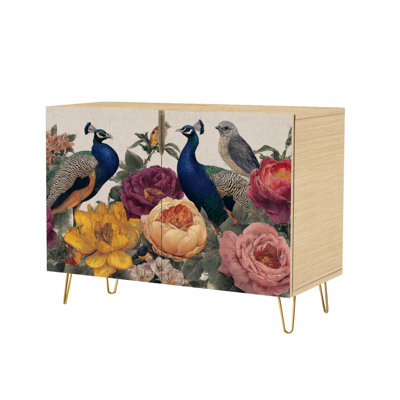 Sideboard Buffet Cabinet with Storage Botanical Rose Garden Peacocks Wild Birds Artwork with 2 Doors for Living Room and Kitchen