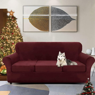 Housse de canapé en velours de luxe 4 pièces pour canapé extensible surdimensionné pour 3 coussins de canapé épais et moelleux Housse de protection anti-dérapante pour chien (3 coussins)