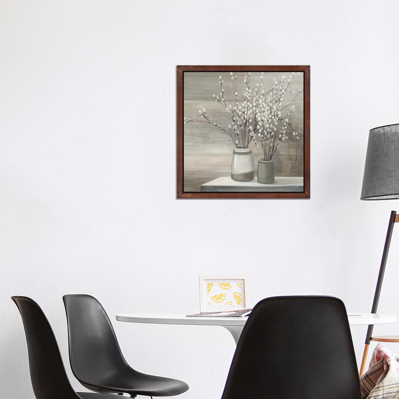 Pussy Willow Still Life Grey Pots Crop by Julia Purinton - Print on Canvas, Brown Framed, 93.98 cm H x 93.98 cm W