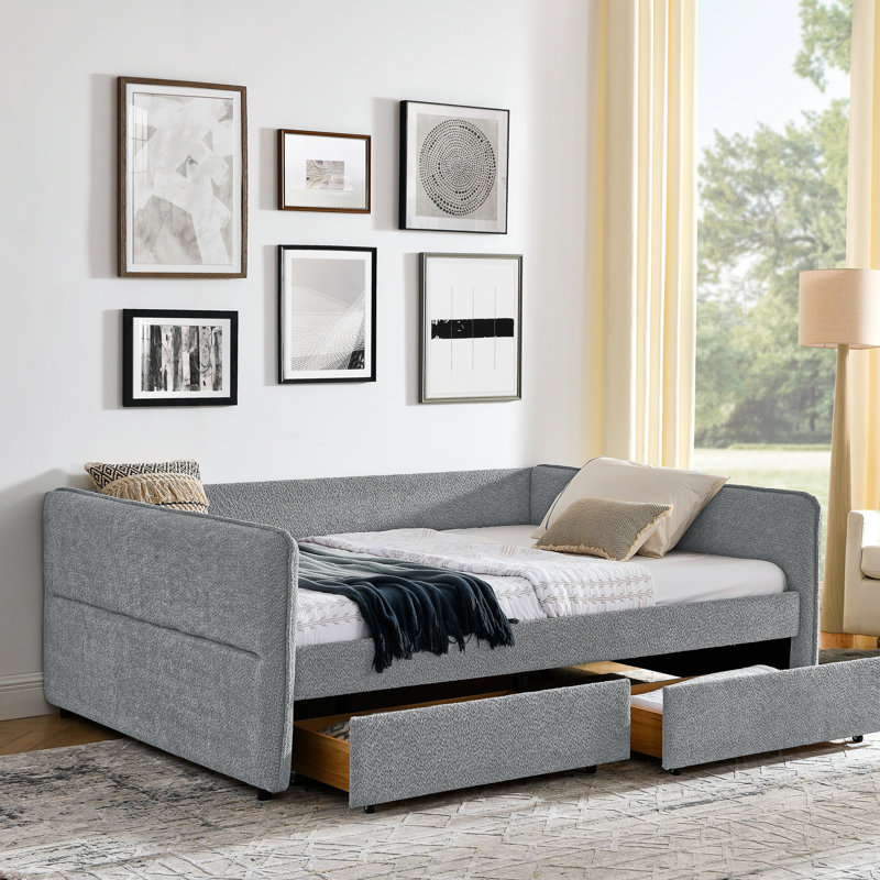 Lit de jour rembourré avec couchette et deux tiroirs en tissu bouclé gris, tissu grand format Boucle