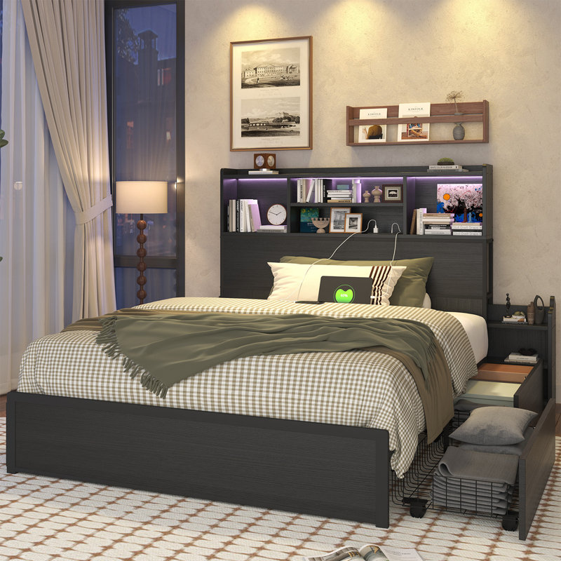 Platform Bed Frame With 4 Under‑Bed Storage Drawers, Storage Headboard With Pull Out Nightstands, Charging Station & Rgb Led Lights, No Box Spring Required