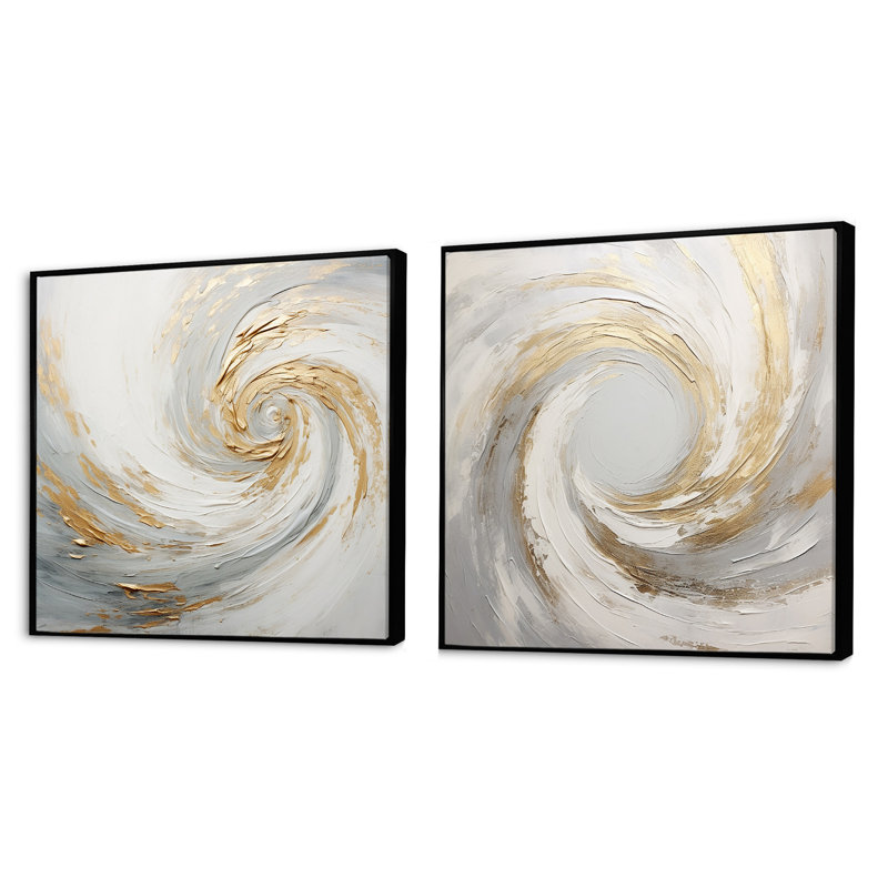 Ensemble de 2 collages carrés or et blanc Vortex IV - spirales abstraites, Cadre flottant noir, H 30 po x l 61 po