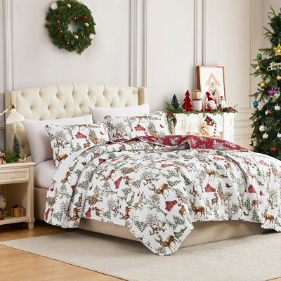 Southshore Fine Linens White Christmas Reversible Quilt Set, 100 GSM Double-Brushed Microfiber Holiday Bedding, 1 Quilt and 2 Pillow Shams, Full / Queen