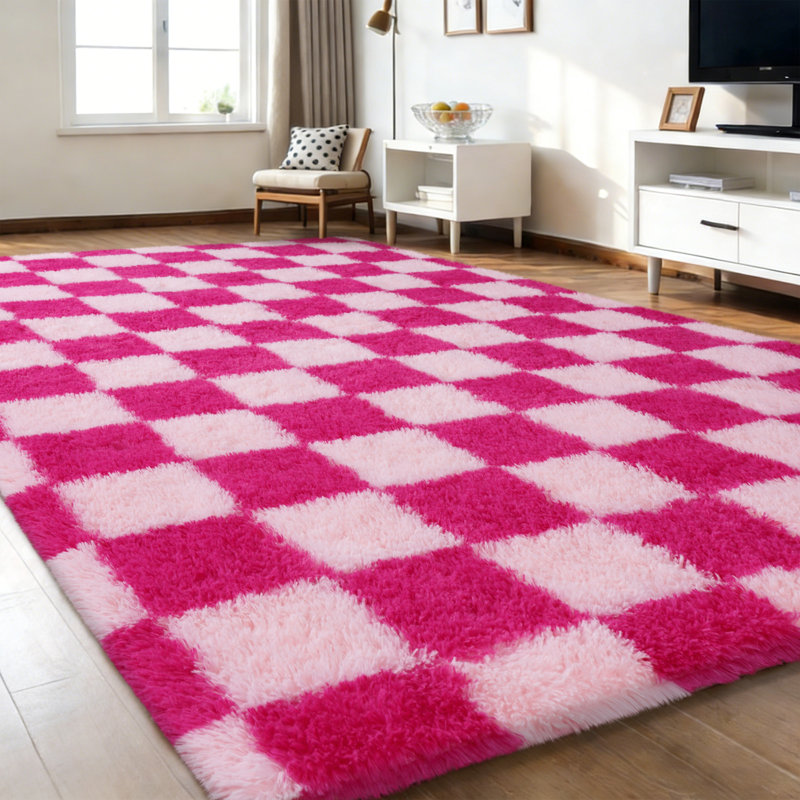Checkered Fluffy Rug 5x7 Ft Washable Shaggy Fluffy Rug for Bedroom Living Room Plaid Runner Rug Fuzzy Shag Carpet Non-Slip for Kids Toddler Room Nursery Playroom