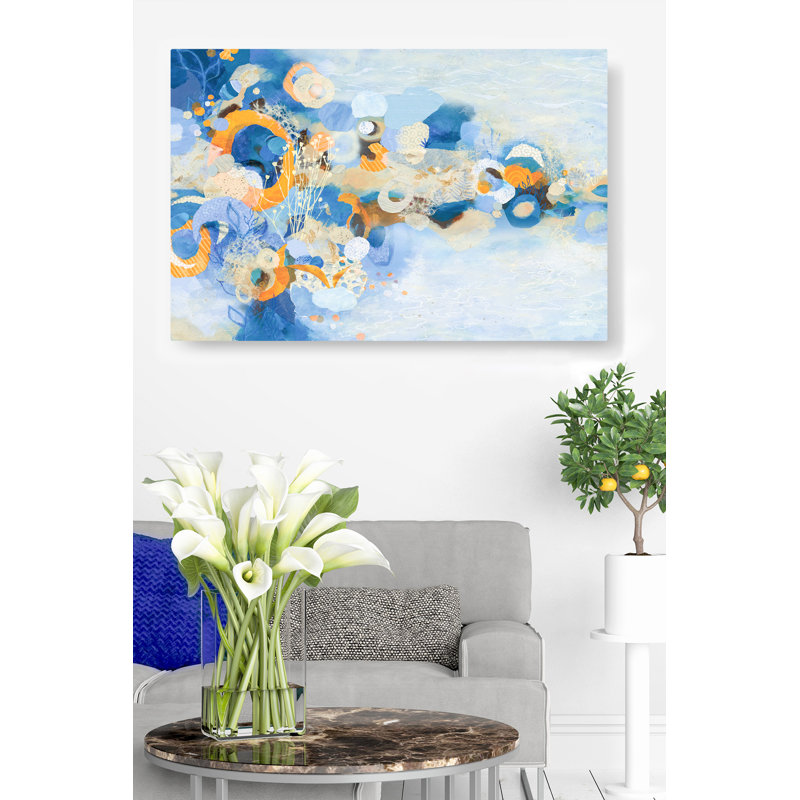 Cercles et tiges en dessin abstrait, bleu, cobalt, cyan, orange, crème, brun clair, collage, H 26 po x l 50 po x P 1,5 po